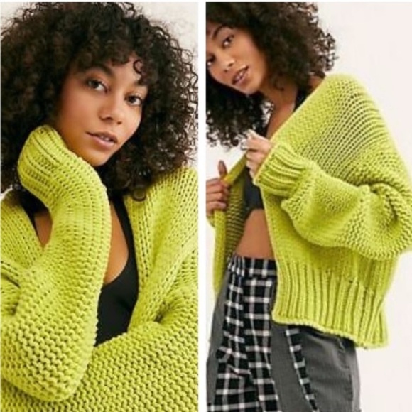 Aerie Lime Green Open Front Knit Cardigan Cable Knit - Picture 1 of 14